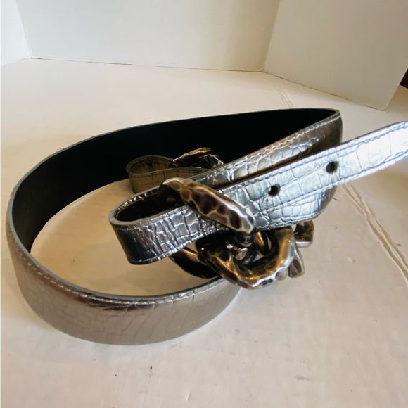 Vintage Sandy Duftler Genuine Leather Silver Gunmetal Metallic Belt L - Picture 15 of 16